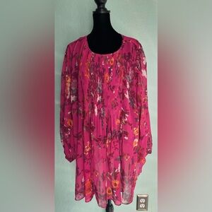 Vibrant Pink Floral Sheer Blouse (PLUS SIZE)